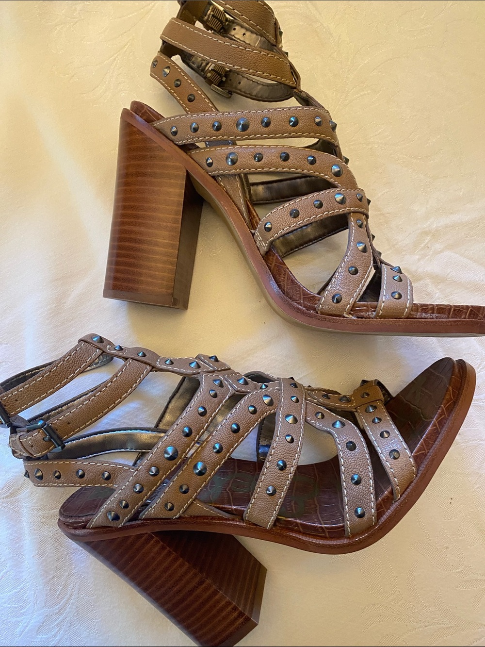 Sam Edelman Keith Tan Leather Studded Caged Gladiator Block Heel Sandals 10M - Picture 2 of 6